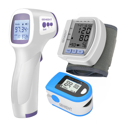 GENKENT Healthcare Kit with Arm Blood Pressure Monitor (CK-102S), Touchless Digital Infrared Forehead Thermometer and Oximeter, Gift for Mother's Day