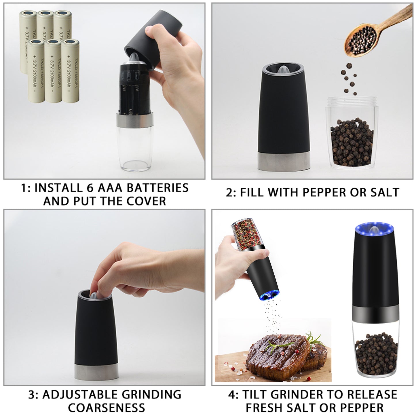 Salt and Pepper Grinder Set of 2 Gravity Electric Grinder Adjustable Coarseness