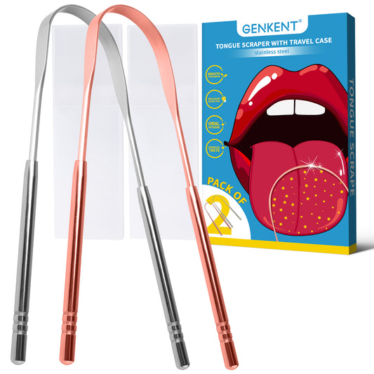 GENKENT 2 Pcs Tongue Scrapers with Portable Case, Stainless Steel Material Bad Breath Reduce, Silver & Rose Gold