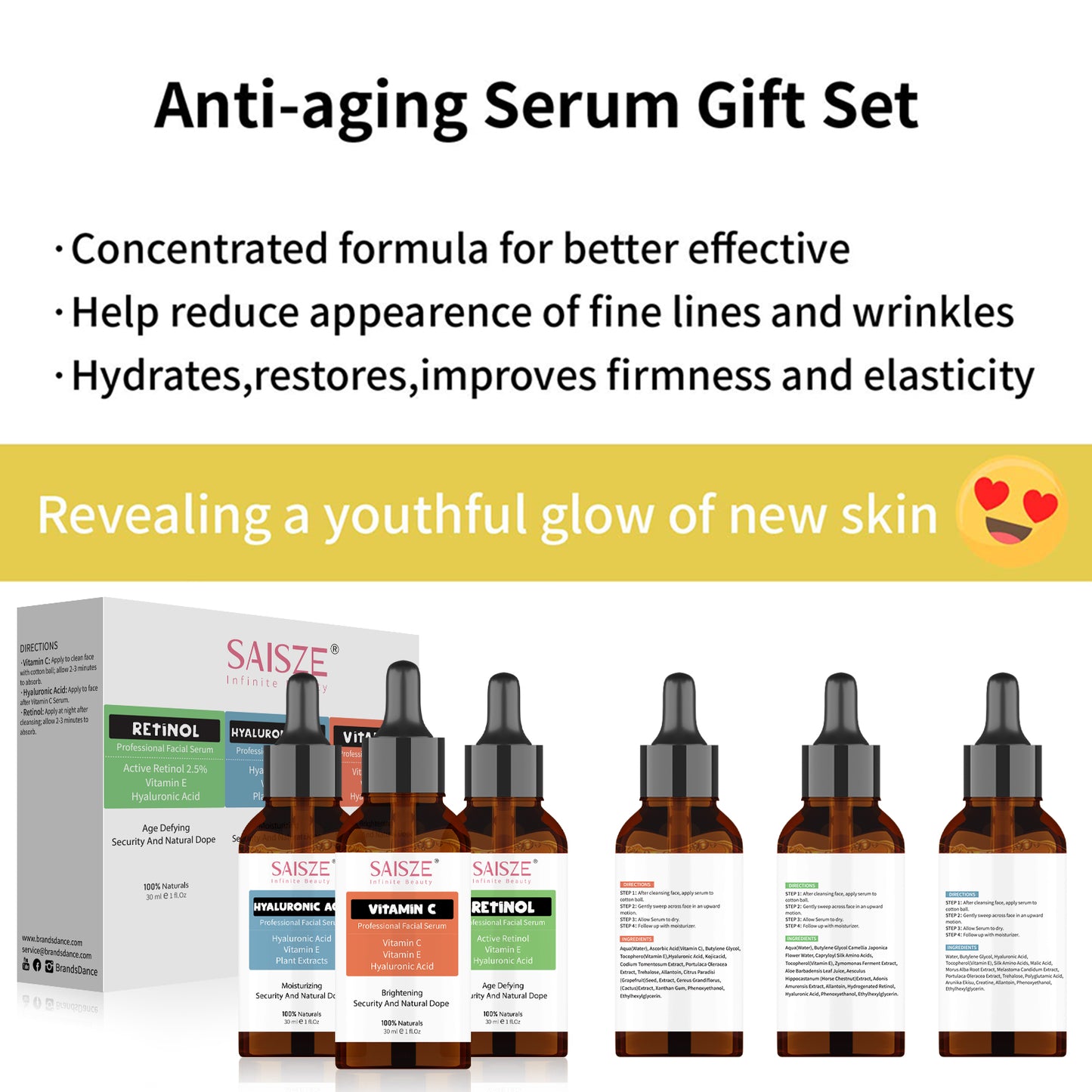 Saisze Anti Aging Serum Kit Face Serum Facial Serum, Retinol Serum & Vitamin C Serum & Hyaluronic Acid Serum, for Firming, Hydrating for Face Day & Night, Facial Serum Gift Set