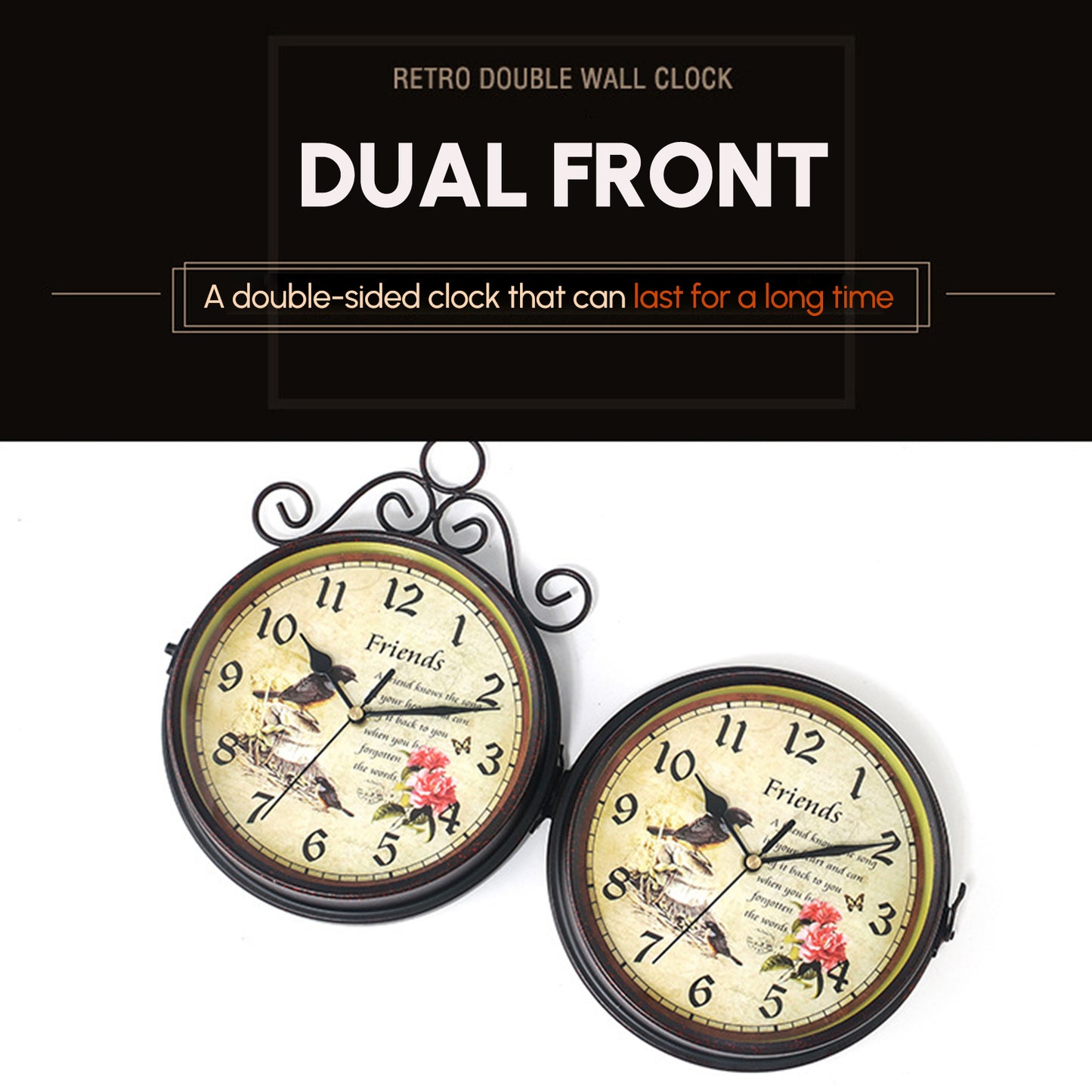 Double Side Vintage Wall Clock  Indoor/Outdoor Station Garden Porch Retro Dual-Bird Decor Round Classic Wall Hanging Clock