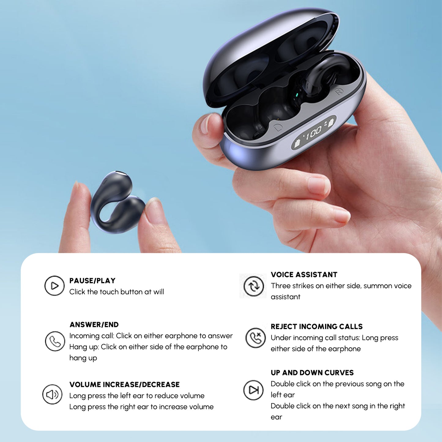 Ear-Clip Bluetooth 5.3 Stereo Earphones Waterproof Wireless Headphone Noise Reduction Earbuds for Sport