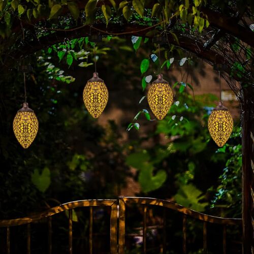 2Pcs Solar LED Hanging Lantern Lights Metal Garden Patio Decor Lights Outdoor