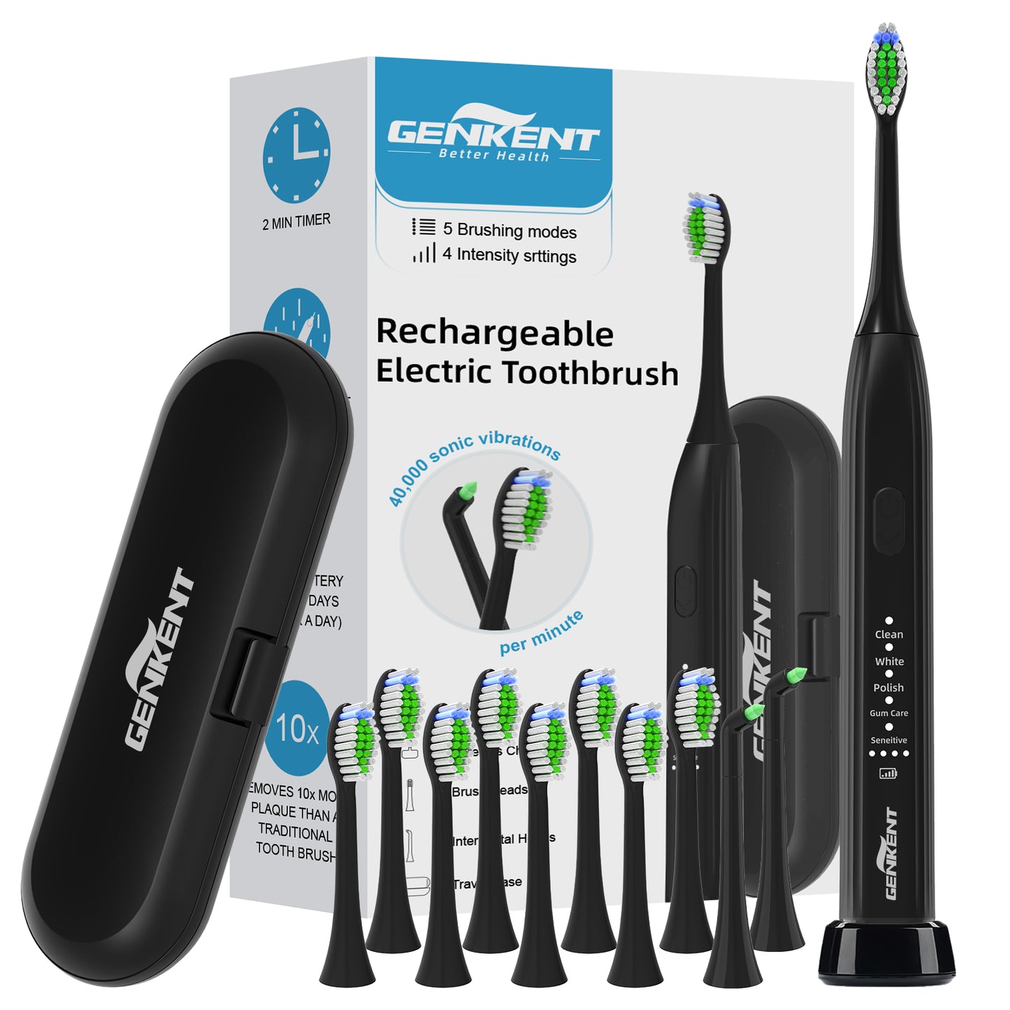 Sonic Electric Toothbrush 5 Modes with Charger Base and 10 heads