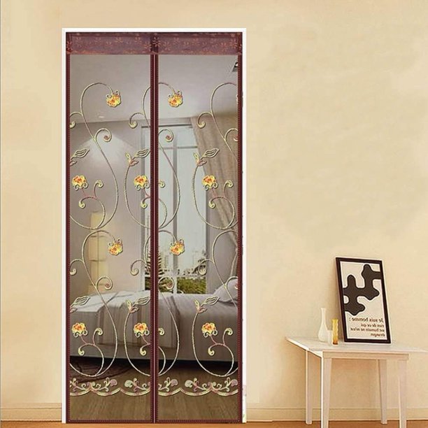 Hands Free Magnetic Screen Door(Coffee), Classical Embroidered Self Sealing Heavy Duty Curtain Anti Mosquito