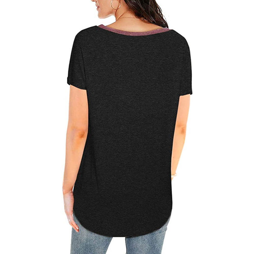 Ladies color matching V-neck casual short sleeves with pockets