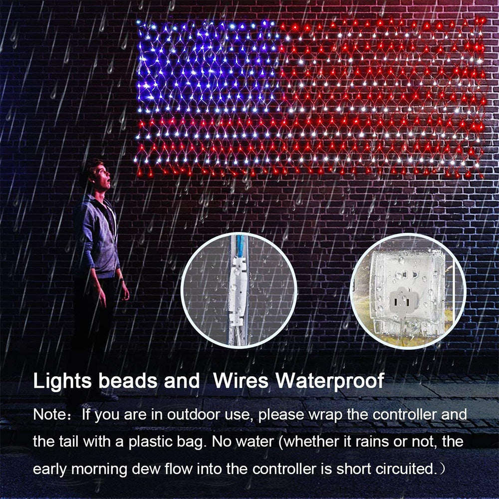 US Flag String Lights with 420 Bright LEDs Waterproof Flag Net Lights