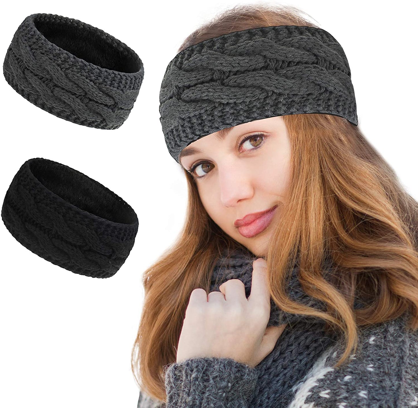 2 Pcs Winter Ears Warmer Headbands Women Cable Thick Knit Fuzzy Fleece