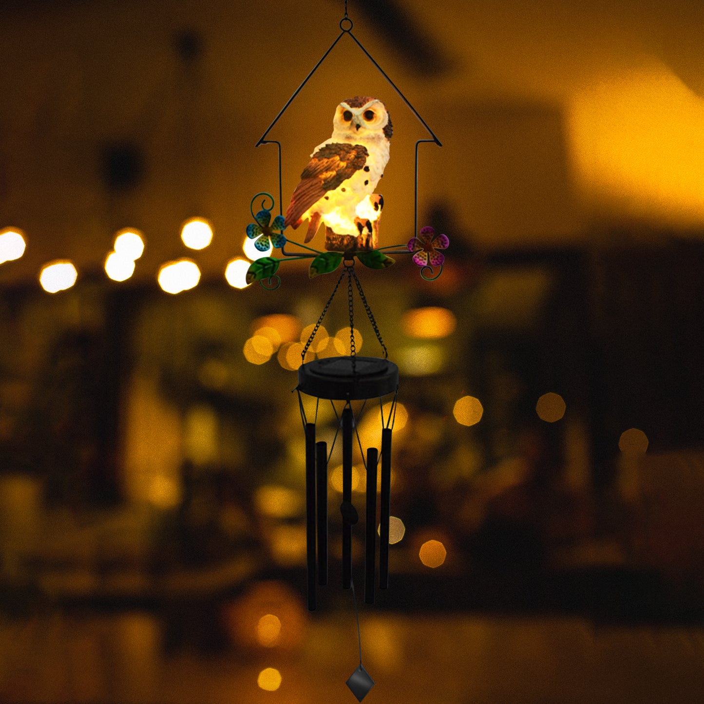 Solar Owl Wind Chime Light Outdoor LED Bird Sculpture Hanging Lamp